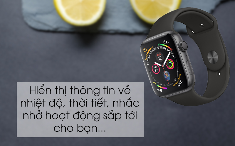 Apple Watch S4 GPS 44mm viền nhôm xám dây cao su màu đen (MU6D2VN/A) - hiển thị