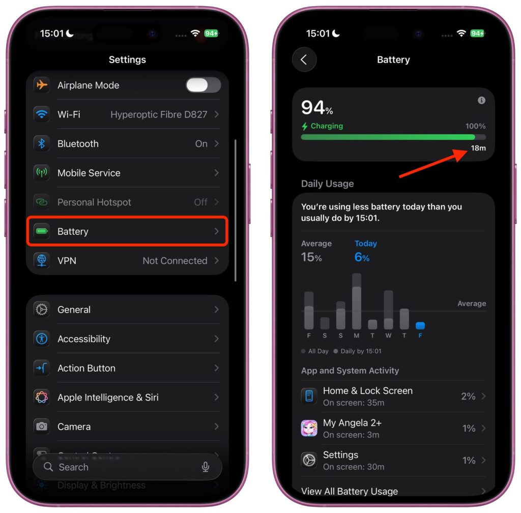 xem pin tren ios 26