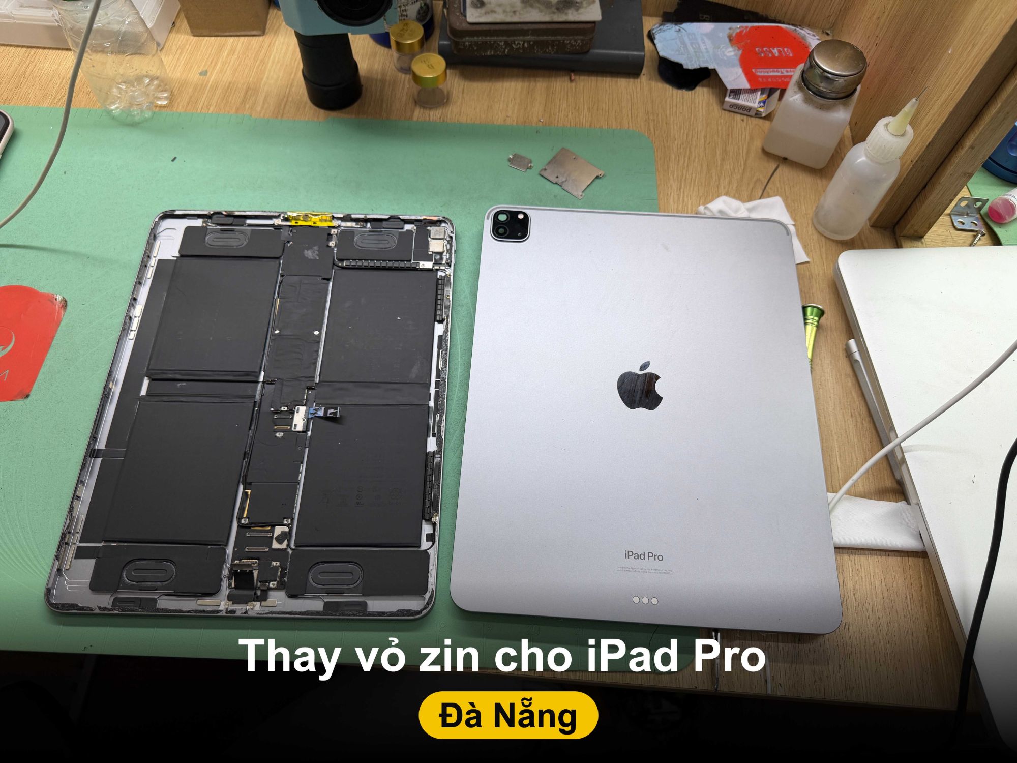Thay vỏ zin cho iPad Pro tại Shop Táo Care Đà Nẵng - khung máy tháo rời và vỏ zin mới